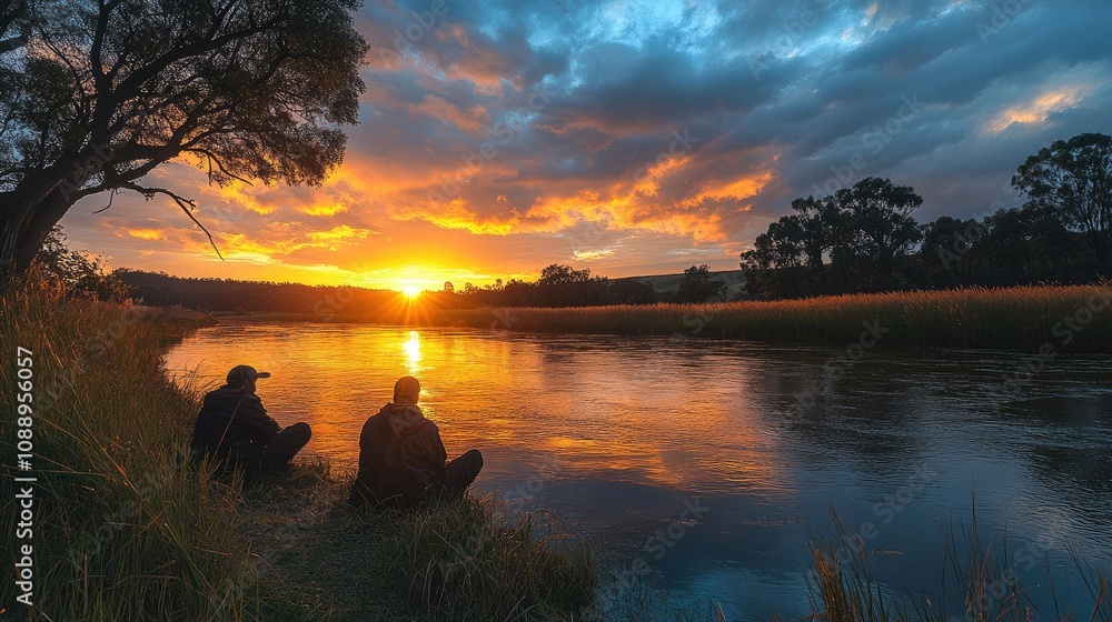 Obraz premium Two men sit by a river watching a vibrant sunset.