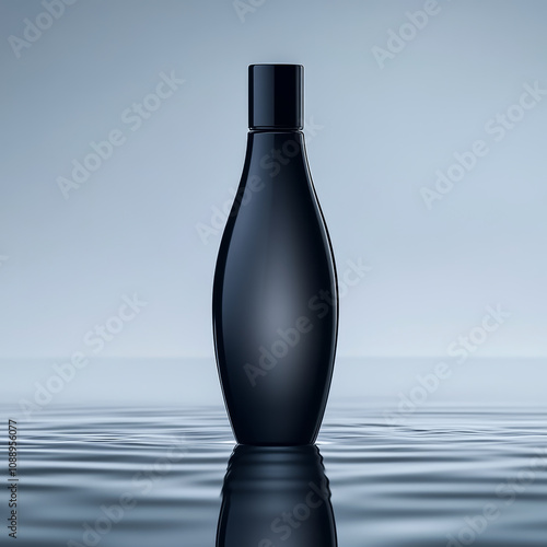 sleek black bottle stands elegantly on matte surface, reflecting its smooth curves in serene water. minimalist design evokes sense of modern sophistication and tranquility