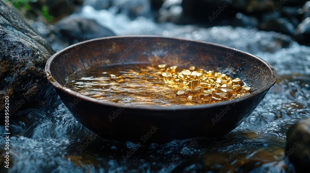Gold nuggets in a panning bowl, in a stream. Gold nuggets in a panning bowl, in a stream.