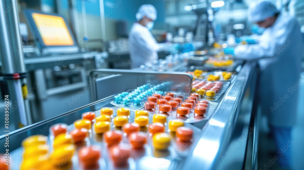 Pills, tablets capsules on an automated production line in a pharmaceutical factory with workers in the background Pills, tablets capsules on an automated production line in a pharmaceutical factory with workers in the background