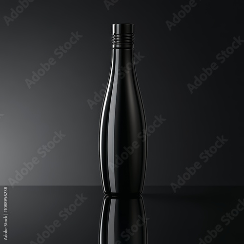 sleek black bottle stands elegantly against dark background, reflecting its smooth surface. minimalist design highlights its modern aesthetic, perfect for various uses