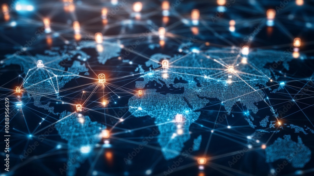Global Digital Network Concept with Glowing Connections on World Map Background Representing International Communication and Technology Global Digital Network Concept with Glowing Connections on World Map Background Representing International Communication and Technology