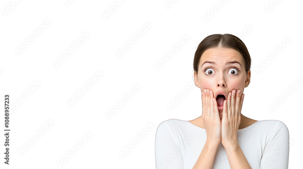 A surprised woman expressing shock with hands on her face. Transparent background.