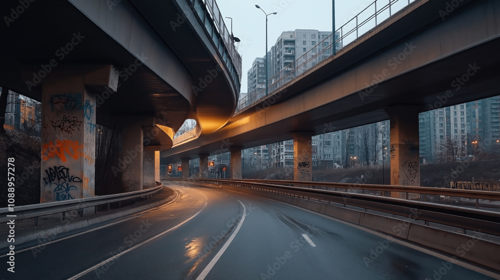 Urban scene featuring an empty highway under multiple overpasses with visible graffiti on the pillars in a cityscape during early evening or dawn Urban scene featuring an empty highway under multiple overpasses with visible graffiti on the pillars in a cityscape during early evening or dawn