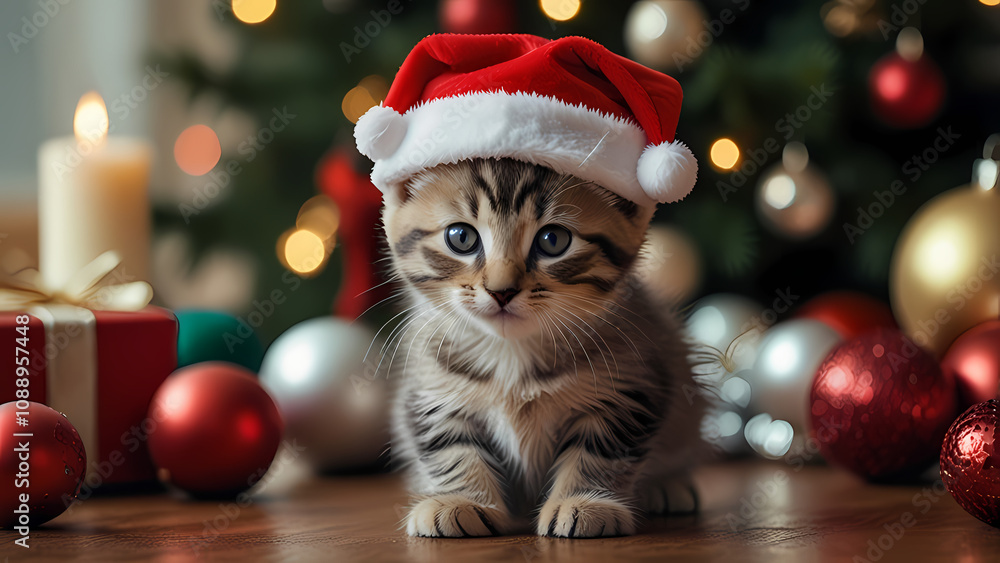 Close up of a cute kitten wearing a Santa Claus hat on a table with Christmas attributes around it Close up of a cute kitten wearing a Santa Claus hat on a table with Christmas attributes around it