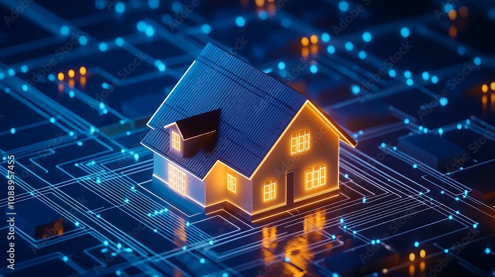 Futuristic digital house shining within virtual grid photos Futuristic digital house shining within virtual grid photos