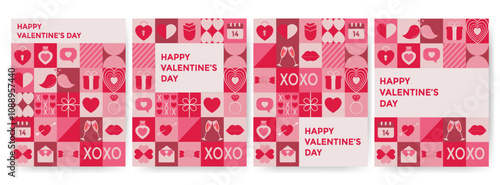 Set of valentine's day flyers, banners. Romantic love icons in simple geometric shapes, geometry minimalistic style for card, invitation, poster, flyer, web design