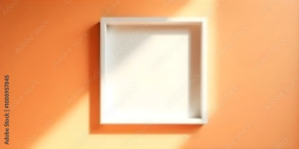 A white square frame hanging on a warm-toned wall, with a beam of light shining through A white square frame hanging on a warm-toned wall, with a beam of light shining through