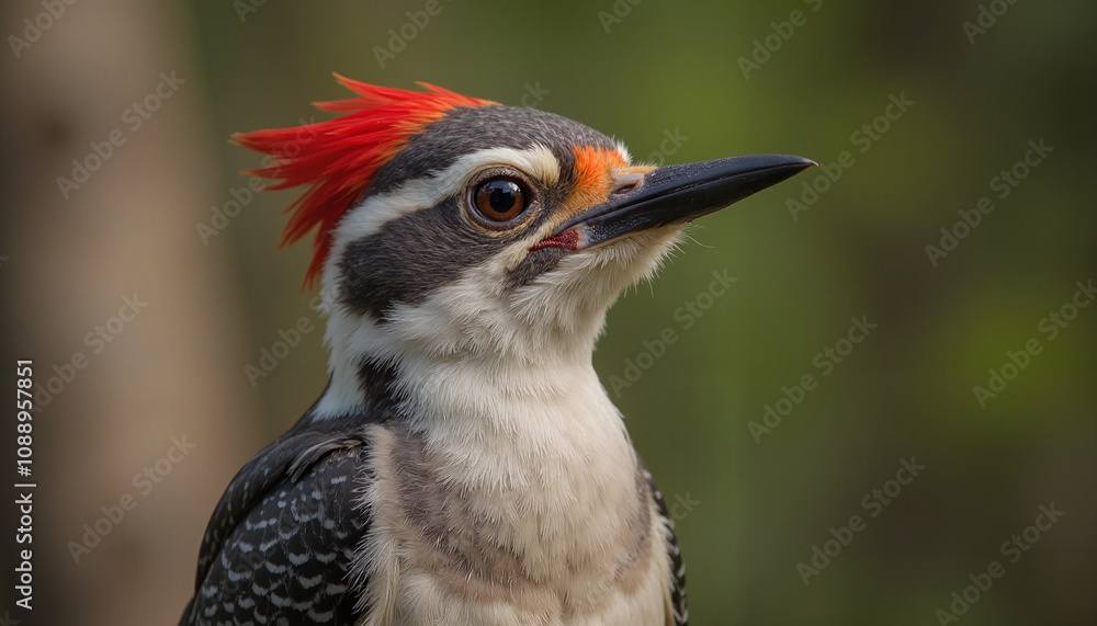 Fototapeta premium Woodpecker in profile looking at the camera in close-up in the forest