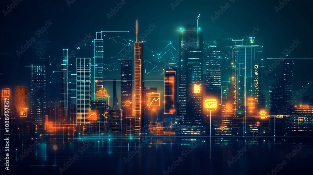 Glowing Skyline of Interconnected Business Sectors and Industry Icons Glowing Skyline of Interconnected Business Sectors and Industry Icons
