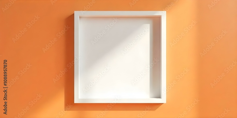 A white square frame hanging on a warm-toned wall, with a beam of light shining through A white square frame hanging on a warm-toned wall, with a beam of light shining through