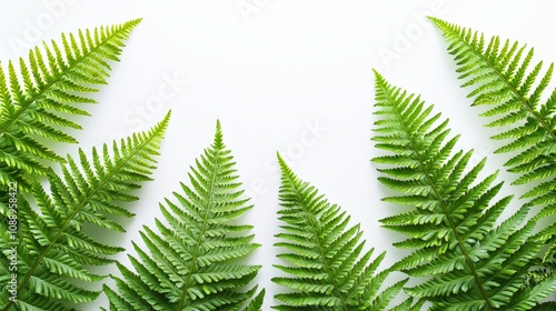 Lush green ferns arranged symmetrically against a white background, evoking a sense of nature and tranquility.