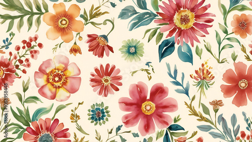 Wallpaper Mural Whimsical Floral Pattern with Vibrant Watercolor Washes on Cream Background, Perfect for Decorative Designs. Torontodigital.ca