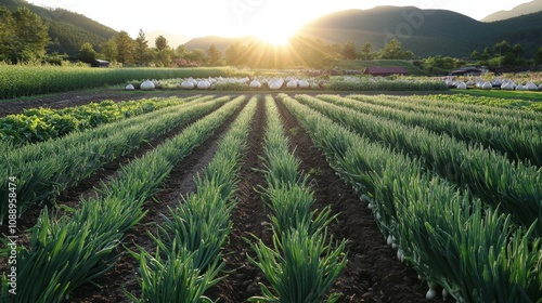 Sunrise Over Lush Vegetable Fields Showcasing Fresh Green Rows of Spring Onions, Creating a Serene Agricultural Landscape in a Mountainous Setting