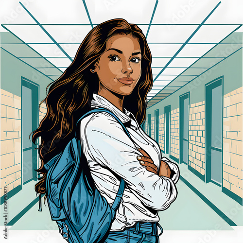 confident hispanic female high school student standing in a hallway, embodying the spirit of education and personal growth with a white accent, pop-art, png