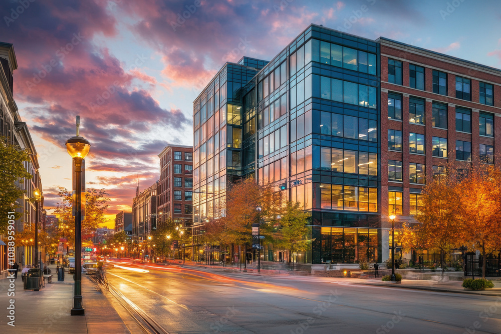 Modern office building with streetlights, vibrant autumn trees, and a colorful sunset sky, creating a dynamic urban scene with a warm, inviting ambiance. Modern office building with streetlights, vibrant autumn trees, and a colorful sunset sky, creating a dynamic urban scene with a warm, inviting ambiance.