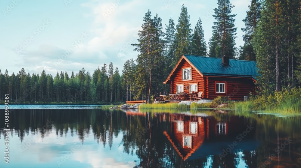 Fototapeta premium Secluded Lakeside Cabin Retreat Tranquil Nature Getaway with Reflections, Cozy and Peaceful