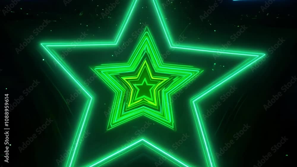 A glowing neon star pulsating with light in a dark background. Perfect for themes of nightlife, energy, and futuristic aesthetics, with room for copy space.