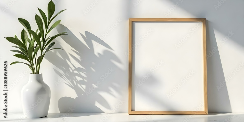 A wooden frame on a white marble surface with shadows of plants casting patterns on the wall A wooden frame on a white marble surface with shadows of plants casting patterns on the wall