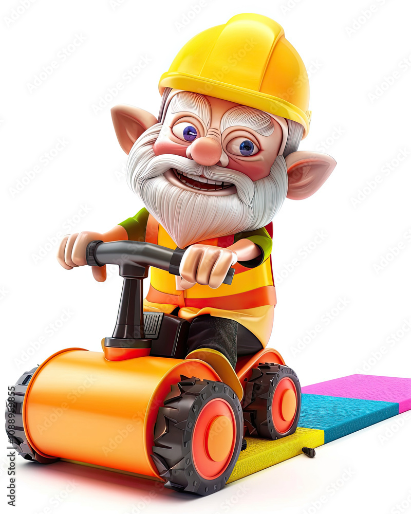 Cheerful Worker Gnome Riding a Mini Road Roller on Colorful Path. Cheerful Worker Gnome Riding a Mini Road Roller on Colorful Path.