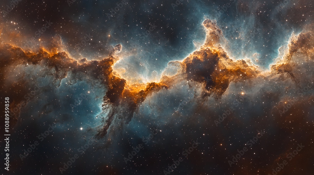 Fototapeta premium Cosmic nebula artwork displaying vibrant galaxy clouds in turquoise and orange, deep space visualization with stellar dust and stars creating dramatic interstellar atmosphere.