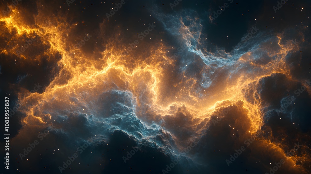 Fototapeta premium Cosmic nebula artwork displaying vibrant galaxy clouds in turquoise and orange, deep space visualization with stellar dust and stars creating dramatic interstellar atmosphere.