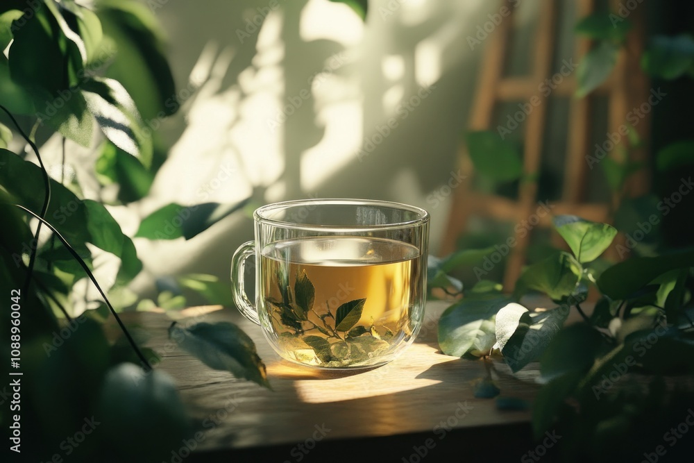 Glass Cup with Herbal Tea Surrounded by Greenery Glass Cup with Herbal Tea Surrounded by Greenery