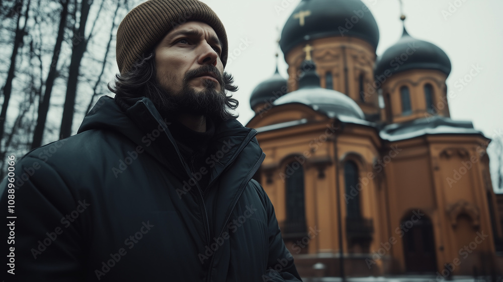 A suspicious gloomy man stands outside an Orthodox church, the atmosphere gloomy A suspicious gloomy man stands outside an Orthodox church, the atmosphere gloomy