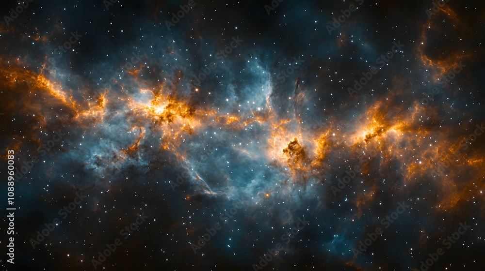 Fototapeta premium Cosmic nebula artwork displaying vibrant galaxy clouds in turquoise and orange, deep space visualization with stellar dust and stars creating&nbsp;dramatic interstellar atmosphere.
