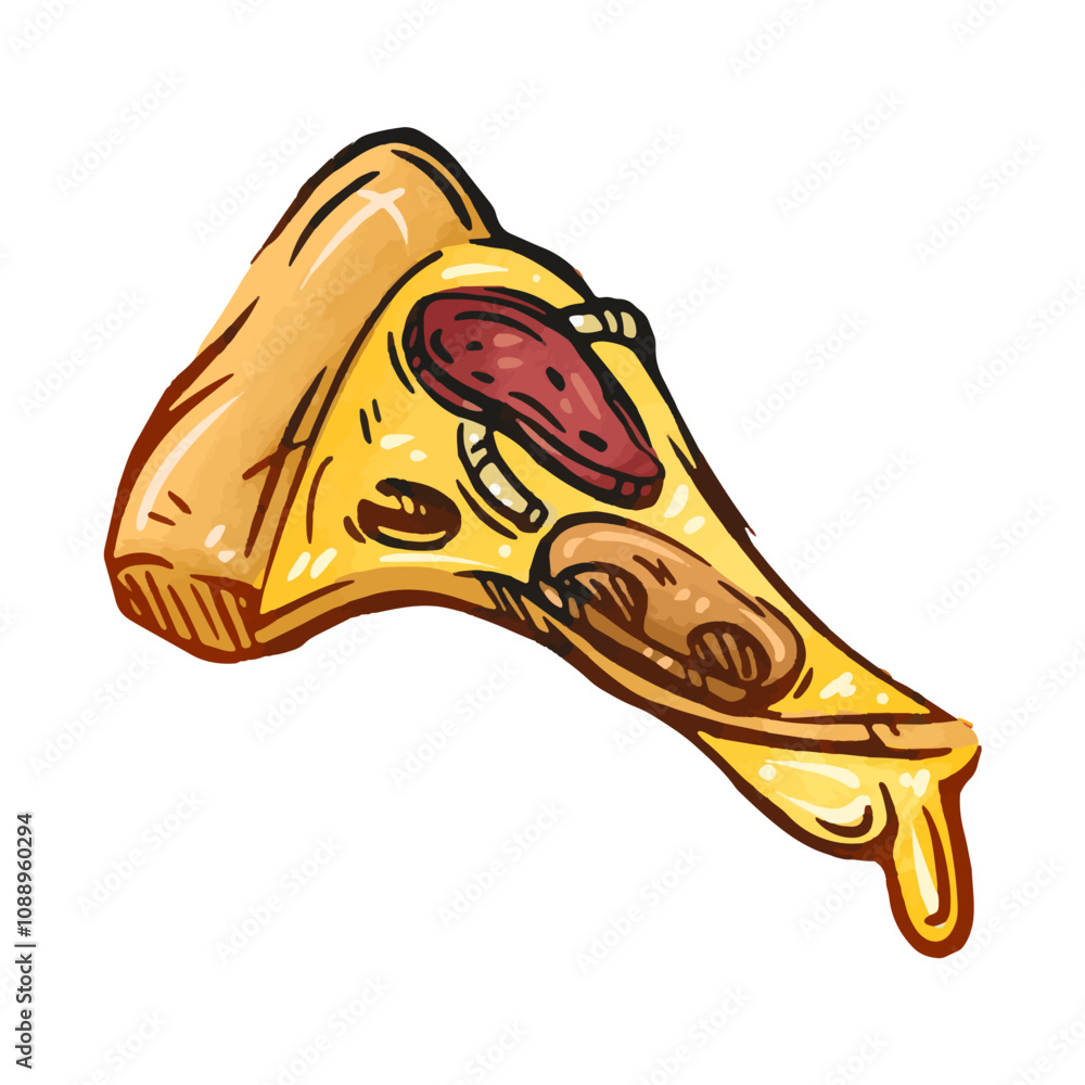 Slice of pepperoni pizza with melted cheese and toppings on a yellow background Slice of pepperoni pizza with melted cheese and toppings on a yellow background