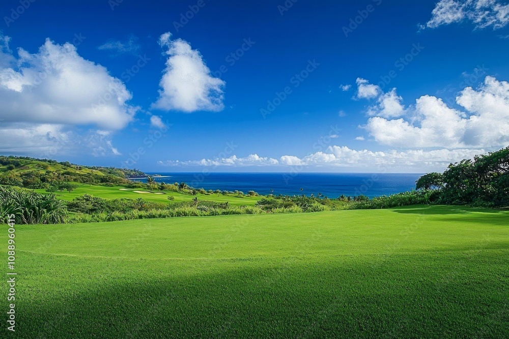 A large grassy field under the blue sky, overlooking an ocean in the distance. A large grassy field under the blue sky, overlooking an ocean in the distance.