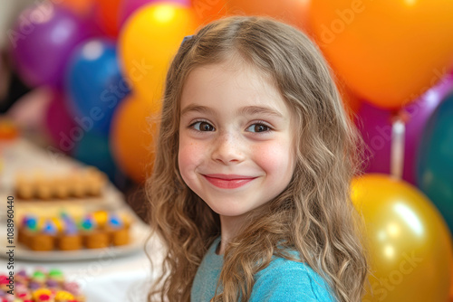 Joyful children's Purim celebration with colorful balloons and festive streamers
