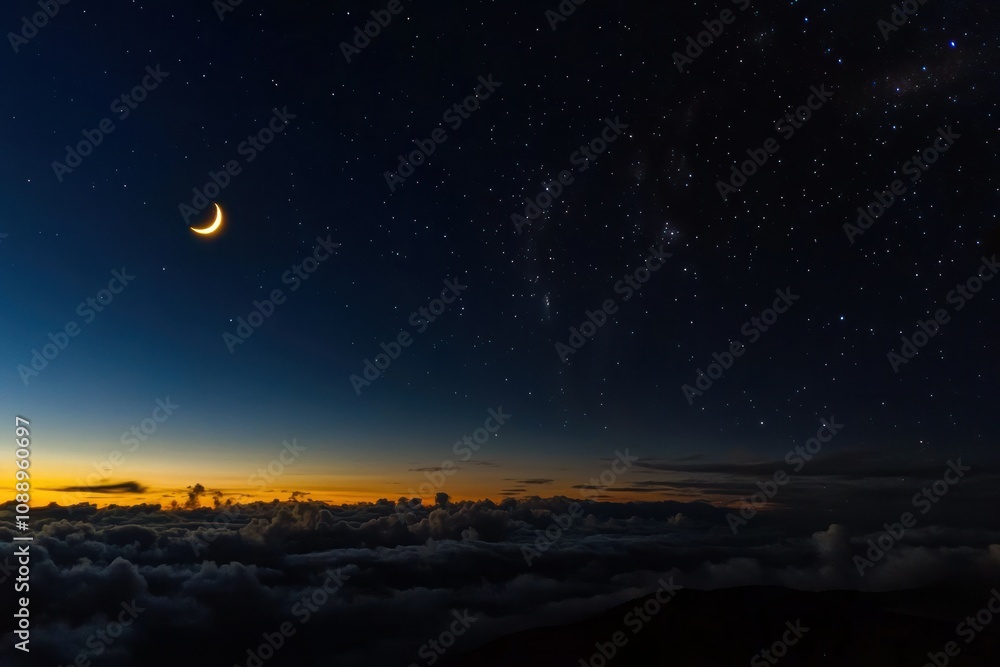 Serene Night Sky with Crescent Moon and Stars Serene Night Sky with Crescent Moon and Stars
