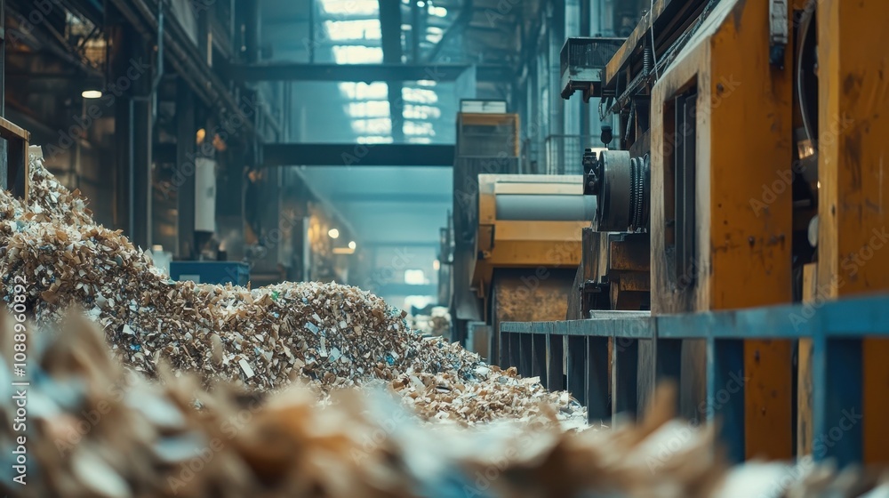 Machinery in a recycled paper factory turns raw materials into reusable paper products Machinery in a recycled paper factory turns raw materials into reusable paper products