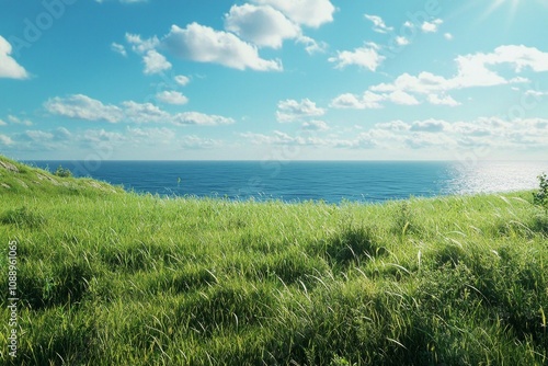 A large grassy field under the blue sky, overlooking an ocean in the distance. 