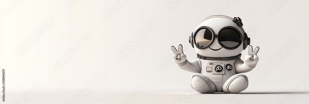 A cute robot character in headphones making a peace sign, set against a minimalist background. A cute robot character in headphones making a peace sign, set against a minimalist background.