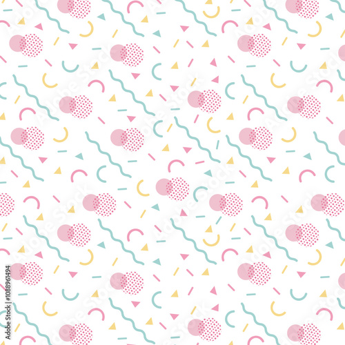 Memphis style geometric confetti vector background with triangle, circle, square shapes, zigzag and wavy line ribbons. Magic 80s style memphis pink blue yellow confetti falling scatter on white.