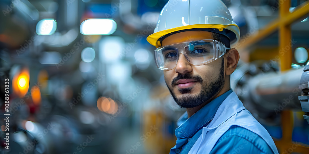 Focused Young Engineer in Industrial Setting, Wearing Protective Gear, Confidently Surveys Machinery Focused Young Engineer in Industrial Setting, Wearing Protective Gear, Confidently Surveys Machinery