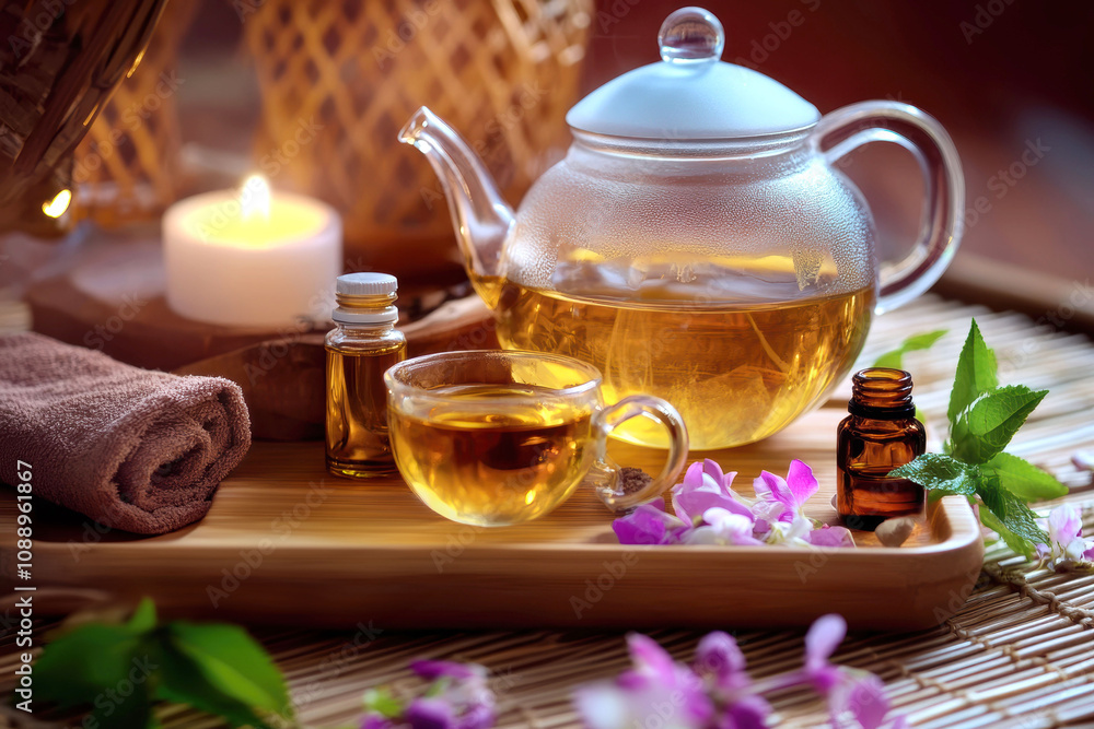 Relaxing spa atmosphere with herbal tea and aromatherapy candles for a rejuvenating experience Relaxing spa atmosphere with herbal tea and aromatherapy candles for a rejuvenating experience