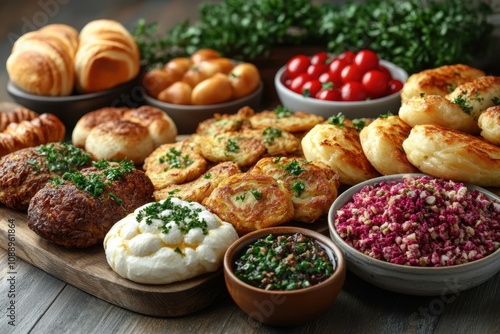 Traditional hanukkah foods with latkes and sufganiyot for holiday celebration and festive dining photo