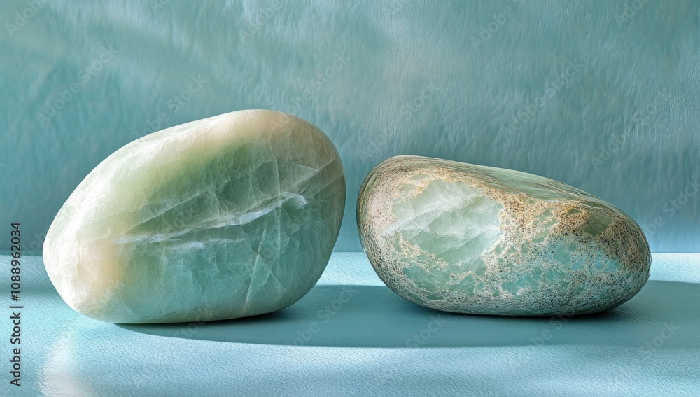 Two smooth, polished stones resting on a soft, textured surface with a serene background. Two smooth, polished stones resting on a soft, textured surface with a serene background.
