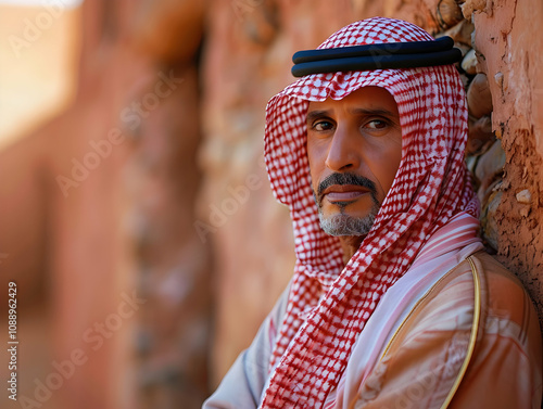 Portrait of a Man Wearing Traditional Middle Eastern Headscarf, Serene Expression Against Rustic Background photo