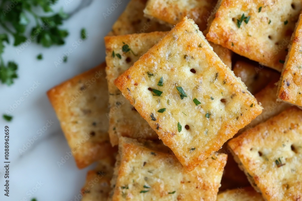 Savory Herb Crackers Piled on a Marble Surface Savory Herb Crackers Piled on a Marble Surface