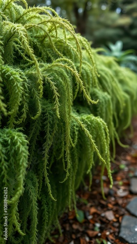 Lush green Asparagus setaceus cascading along a garden path on a cloudy afternoon photo