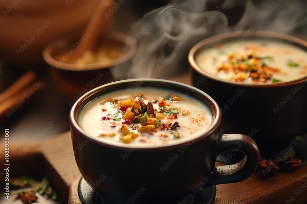 Warm bowls of creamy soup with herbs and spices served on a wooden plank in a cozy kitchen setting Warm bowls of creamy soup with herbs and spices served on a wooden plank in a cozy kitchen setting