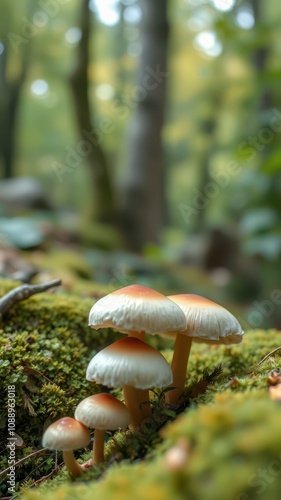 Clustered mushrooms thrive on mossy ground within a sun-dappled forest photo