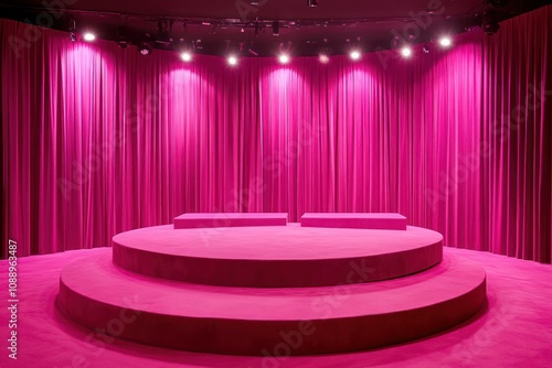 Bright Pink Stage with Curtains and Spotlights