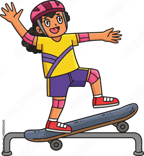 Skateboard Child Grinding on Rail Cartoon Clipart