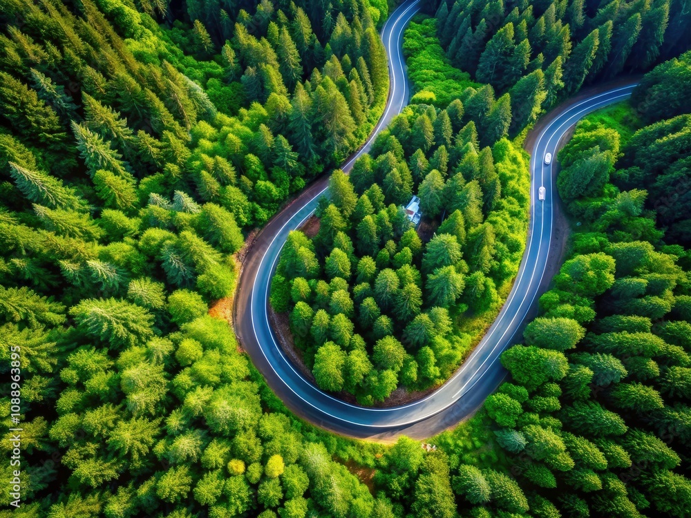 Aerial View of a Winding Road Through Lush Evergreen Forests - Serene Nature Landscape, Scenic Drive, Drone Photography, Green Wilderness, Outdoor Adventure, Travel Destination Aerial View of a Winding Road Through Lush Evergreen Forests - Serene Nature Landscape, Scenic Drive, Drone Photography, Green Wilderness, Outdoor Adventure, Travel Destination