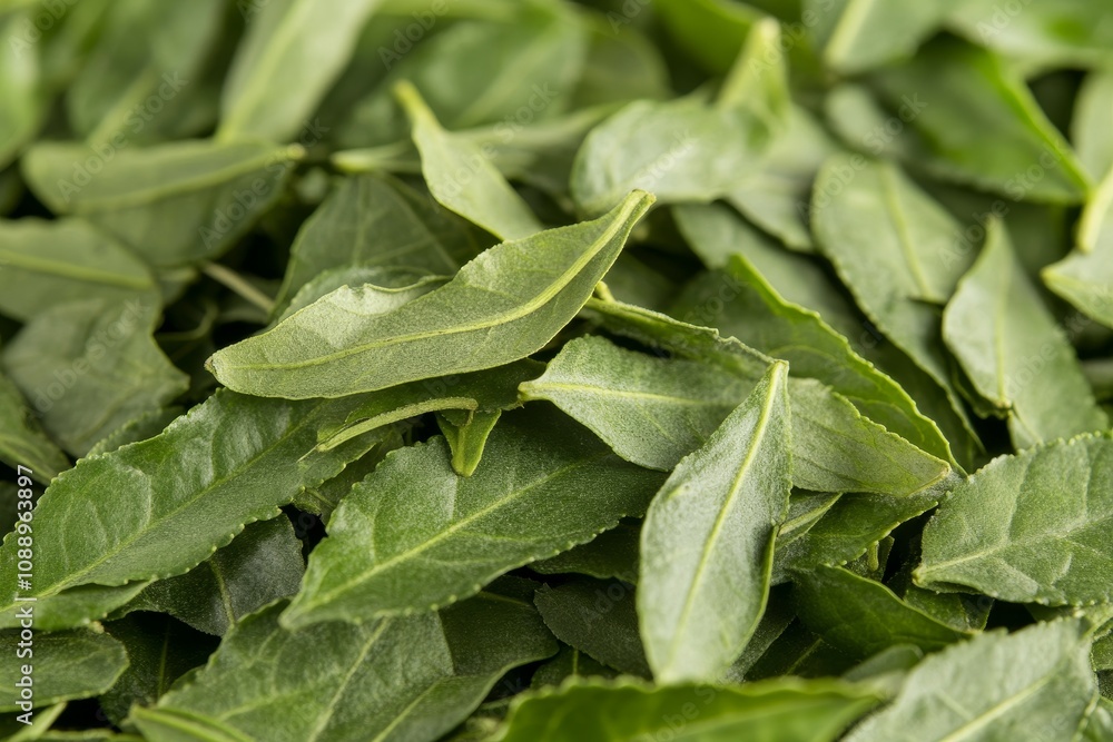Fototapeta premium Fresh green tea leaves arranged close together on a surface with a vibrant appearance and silky texture